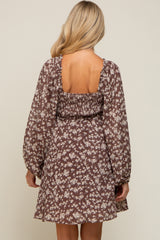 Brown Floral Long Puff Sleeve Maternity Dress