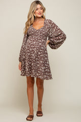 Brown Floral Long Puff Sleeve Maternity Dress