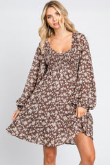 Brown Floral Long Puff Sleeve Maternity Dress