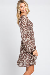 Brown Floral Long Puff Sleeve Dress