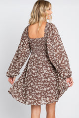 Brown Floral Long Puff Sleeve Dress