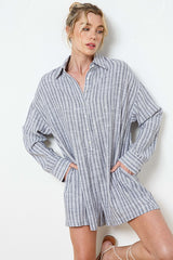 Grey Striped Button Up Linen Romper