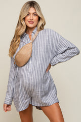 Grey Striped Button Up Linen Maternity Romper