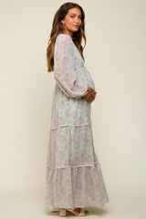 Mint Green Floral Button Front Maternity Maxi Dress