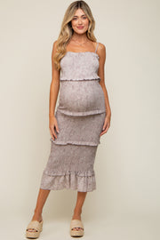 Grey Floral Smocked Fitted Maternity Midi Dress