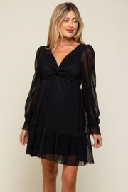 Black Pleated Knotted Long Sleeve Maternity Dress