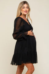 Black Pleated Knotted Long Sleeve Maternity Dress