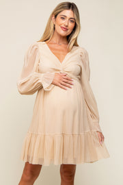 Beige Pleated Knotted Long Sleeve Maternity Dress