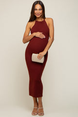 Burgundy Rib Knit Cutout Criss Cross Back Maternity Maxi Dress