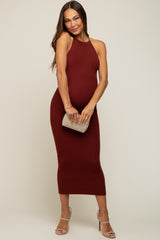 Burgundy Rib Knit Cutout Criss Cross Back Maternity Maxi Dress