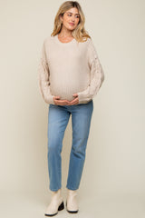 Beige Cable Knit Sleeve Maternity Sweater