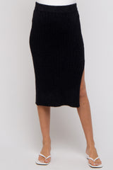 Black Fuzzy Ribbed Maternity Midi Skirt