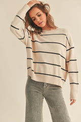 Beige Striped Basic Sweater