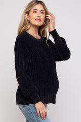 Black Fuzzy Ribbed Knit Maternity Sweater