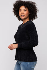 Black Fuzzy Ribbed Knit Sweater