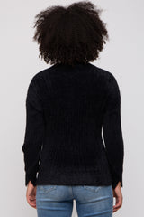 Black Fuzzy Ribbed Knit Sweater