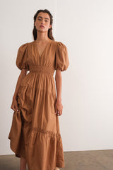 Mocha Puff Sleeve Midi Dress