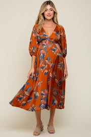 Rust Floral Satin Puff Sleeve Maternity Midi Dress