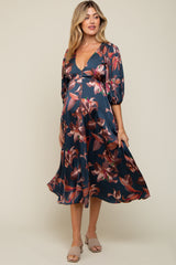 Navy Floral Satin Puff Sleeve Maternity Midi Dress