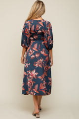 Navy Floral Satin Puff Sleeve Maternity Midi Dress