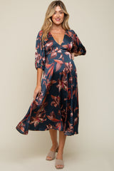 Navy Floral Satin Puff Sleeve Maternity Midi Dress