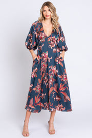 Navy Floral Satin Puff Sleeve Midi Dress