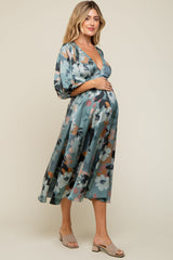 Light Teal Floral Satin Puff Sleeve Maternity Midi Dress