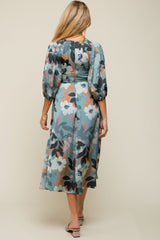 Light Teal Floral Satin Puff Sleeve Maternity Midi Dress