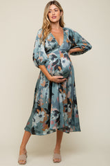 Light Teal Floral Satin Puff Sleeve Maternity Midi Dress