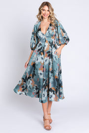 Light Teal Floral Satin Puff Sleeve Midi Dress