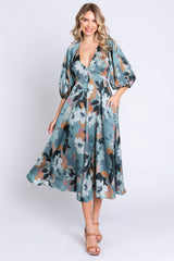 Light Teal Floral Satin Puff Sleeve Maternity Midi Dress