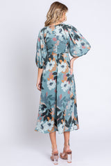 Light Teal Floral Satin Puff Sleeve Midi Dress