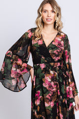 Green Floral Chiffon Wrap Front Hi-Low Dress