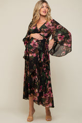 Green Floral Chiffon Wrap Front Hi-Low Maternity Dress