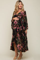 Green Floral Chiffon Wrap Front Hi-Low Maternity Dress