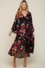 Burgundy Floral Chiffon Wrap Front Hi-Low Maternity Dress