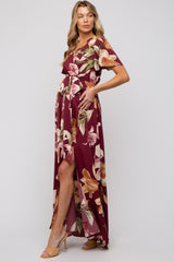 Burgundy Floral Wrap V-Neck Maternity Maxi Dress