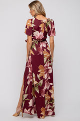 Burgundy Floral Wrap V-Neck Maternity Maxi Dress