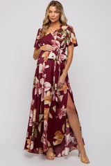 Burgundy Floral Wrap V-Neck Maternity Maxi Dress