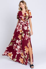 Burgundy Floral Wrap V-Neck Maxi Dress