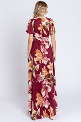 Burgundy Floral Wrap V-Neck Maxi Dress