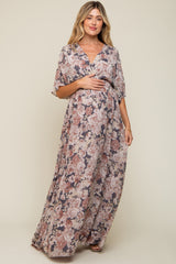 Mauve Floral Wrap Front V-Neck Smocked Waist Maternity Maxi Dress