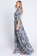 Blue Floral Wrap Front V-Neck Smocked Waist Maxi Dress