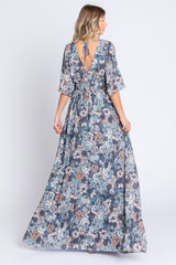 Blue Floral Wrap Front V-Neck Smocked Waist Maxi Dress