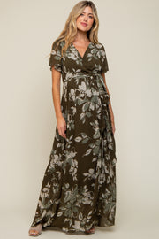 Olive Floral V-Neck Side Slit Maternity Dress