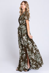 Olive Floral V-Neck Side Slit Dress