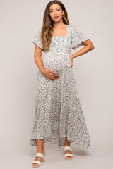 Cream Floral Button Front Square Neck Ruffle Hi-Low Maternity Midi Dress