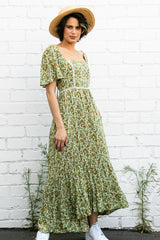 Green Floral Button Front Square Neck Ruffle Hi-Low Midi Dress