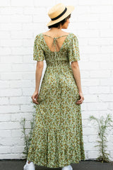 Green Floral Button Front Square Neck Ruffle Hi-Low Midi Dress