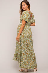 Green Floral Button Front Square Neck Ruffle Hi-Low Maternity Midi Dress